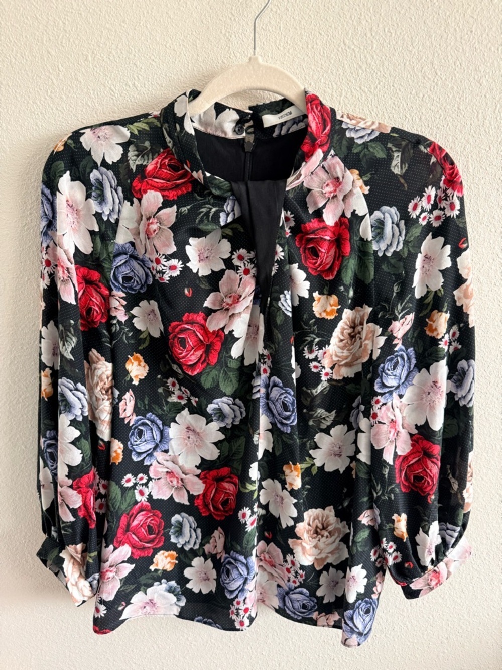 ERDEM Mock-Neck Blouse - Black with Red & Pink Roses - Size 8